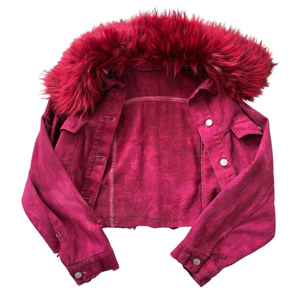 Upcycled Y2K Cropped Oversized Denim Jacket Faux Fur Guitar Graphic Burgundy - Picture 5 of 8